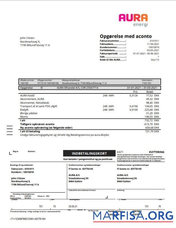 Printable Denmark AURA Energi utility bill template in Word and PDF format